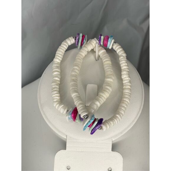 Vintage Pukka Shell Bracelet Set Chunky Seashell White Green Pink Purple Beach - Picture 2 of 3